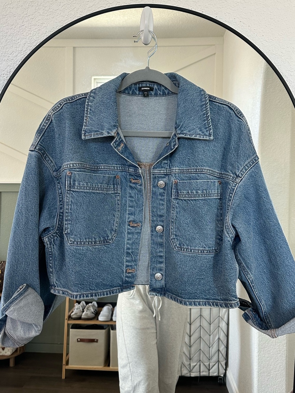 Express Cropped Denim Jacket in Medium Blue
